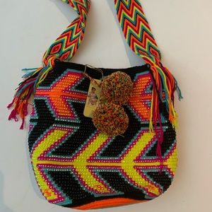 Authentic 100% Wayuu Mochila Bag Large Size Rhinestones Crystals Art Purse Tote